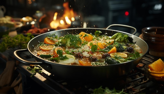 Las verduras frescas chisporrotean en una estufa caliente creando una comida saludable generada por inteligencia artificial