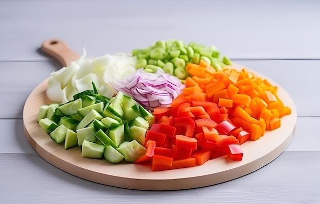 verduras frescas cortadas crudas en un plato de madera en una mesa blanca para cocinar