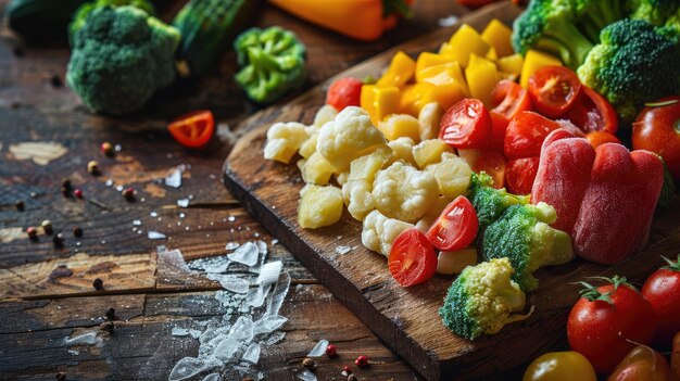 Verduras frescas cortadas en una tabla de madera rústica