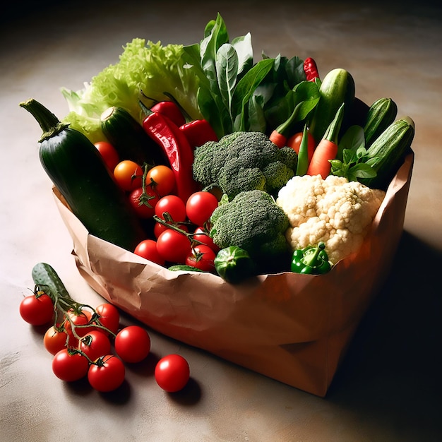 Foto las verduras frescas están en una bolsa de papel artesanal cuidando el medio ambiente