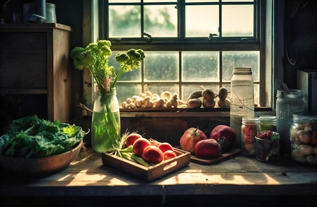 Verduras frescas frente a una ventana en el mostrador de la cocina
