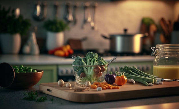 Verduras frescas frutas en el mostrador de la cocina