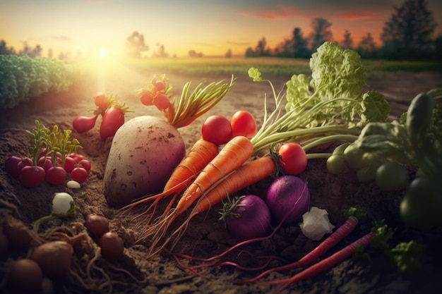 Verduras frescas guisantes rábano tomate zanahoria remolacha en el suelo en la granja al atardecer Agricultura de alimentos orgánicos saludables Generación AI