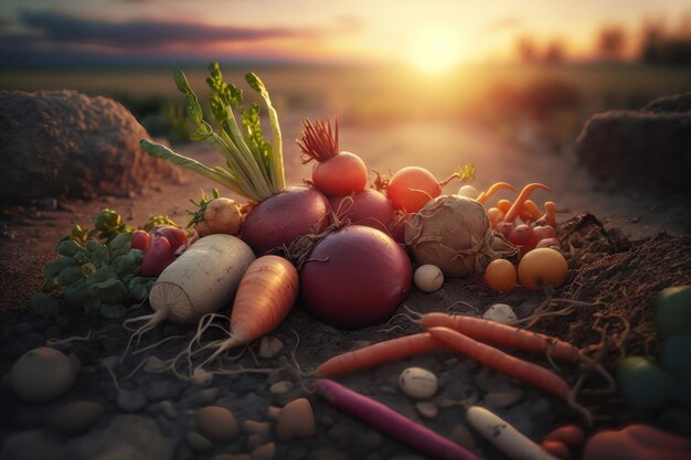 Verduras frescas guisantes rábano tomate zanahoria remolacha en el suelo en la granja al atardecer Agricultura de alimentos orgánicos saludables Generación AI