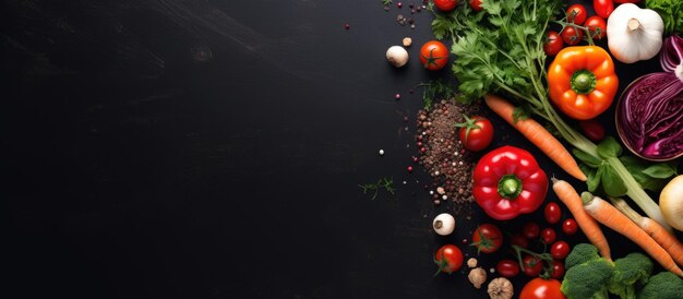 Las verduras frescas y los ingredientes para cocinar se muestran en una vista superior con un fondo oscuro