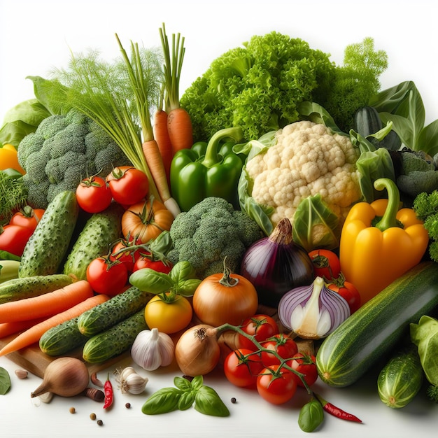 Verduras frescas del jardín sobre un fondo blanco.