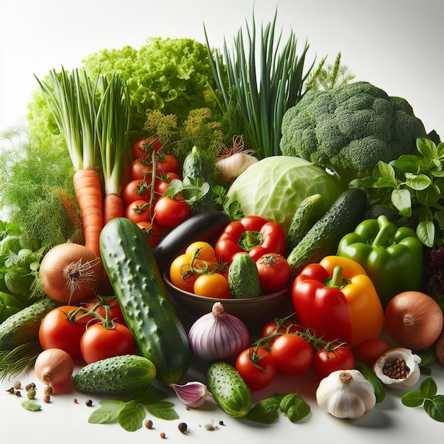 Verduras frescas del jardín sobre un fondo blanco.