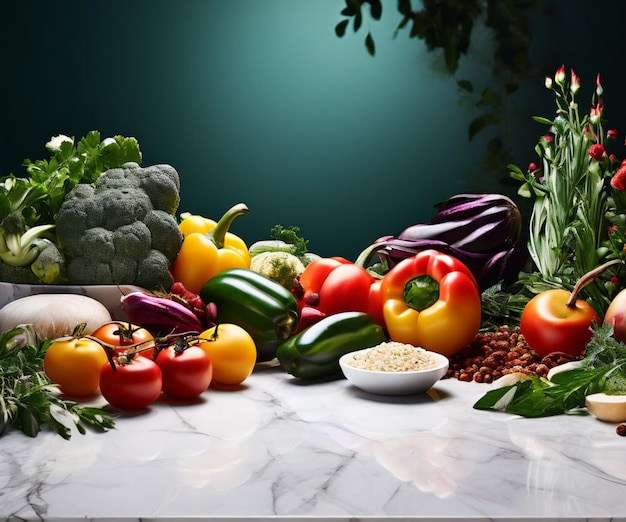 verduras frescas y jugosas en una mesa de mármol