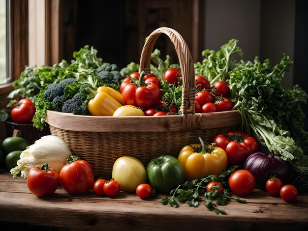 Verduras frescas y maduras en cesta sobre mesa de madera