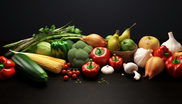 verduras frescas y maíz sobre fondo negro en cestas