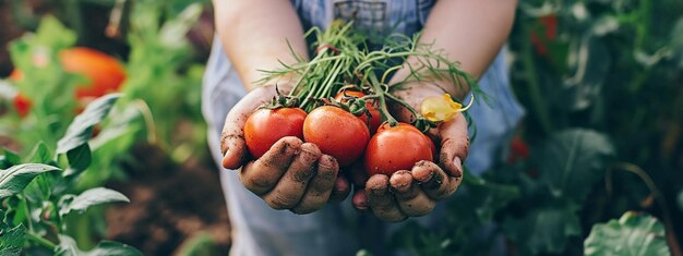 Verduras frescas en las manos de un hombre y un niño enfoque selectivo IA generativa