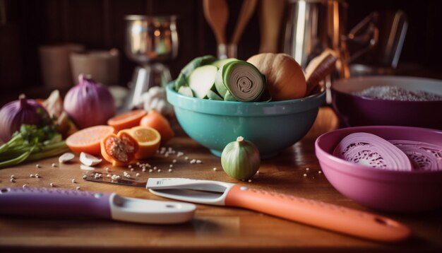 Verduras frescas en una mesa de madera para una comida saludable generada por IA