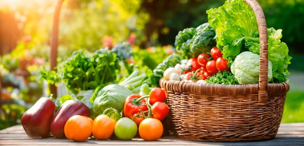Verduras frescas orgánicas en una canasta contra un jardín borroso