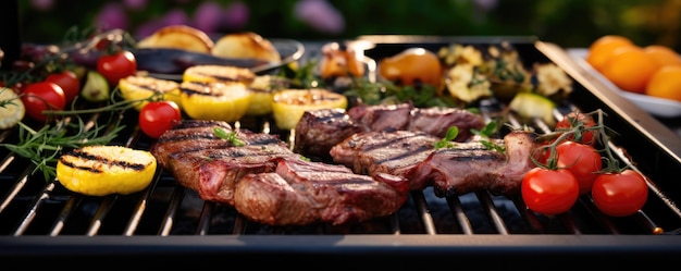 Verduras frescas a la parrilla, salchichas, queso y filete a la parrilla al aire libre, panorama generativo Ai