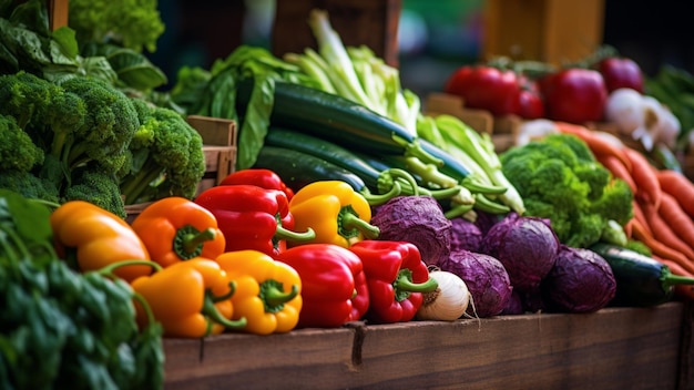 verduras frescas en el puesto en el mercado