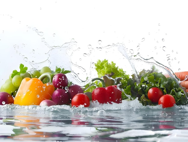 Foto verduras frescas salpicadas en agua aisladas contra un fondo blanco ai generado