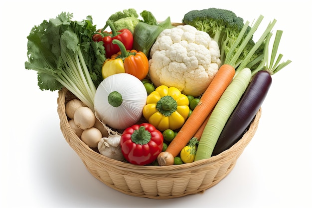 Verduras frescas y saludables en la cesta aislado sobre fondo blanco.