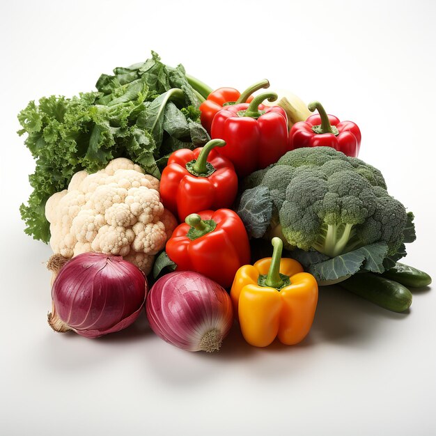 Verduras frescas sobre un fondo blanco.