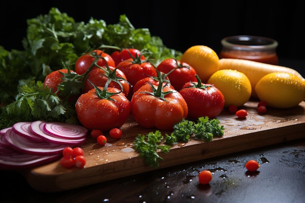 Verduras frescas en una tabla de madera sobre un fondo oscuro Alimentos saludables