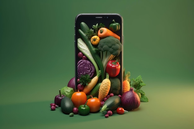 Verduras frescas en el teléfono inteligente mínimas en el fondo de color generado por AI