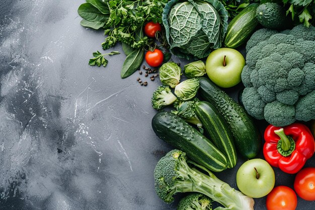 Verduras frescas variadas en pizarra oscura con IA generada