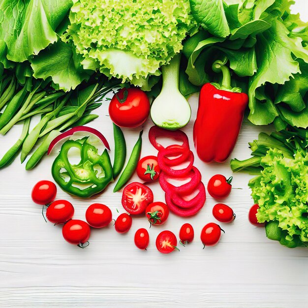 Verduras frescas verdes y rojas pimientos rojos rábanos tomates ensalada verde están sobre una mesa de madera blanca plana