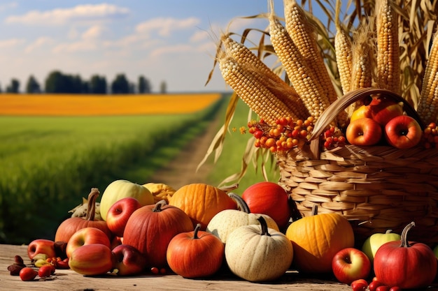 Verduras y frutas cosechadas en una mesa de madera frente a un campo Cesta de calabazas manzanas y maíz En la mesa de cosecha con árboles de campo y cielo de fondo AI generado