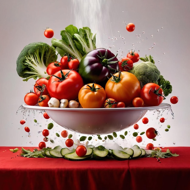 Verduras y frutas crudas frescas explosiones dinámicas volando diseño creativo con objetos girando