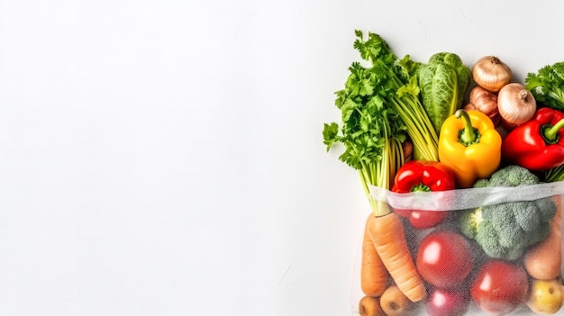 Foto verduras y frutas frescas cuidadosamente empaquetadas en una bolsa ecológica sobre un fondo blanco