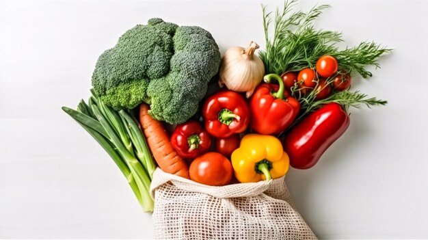 Verduras y frutas frescas cuidadosamente empaquetadas en una bolsa ecológica sobre un fondo blanco