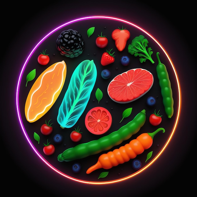 verduras y frutas frescas con luz de neón verduras y frutas frescas con iluminación de neón