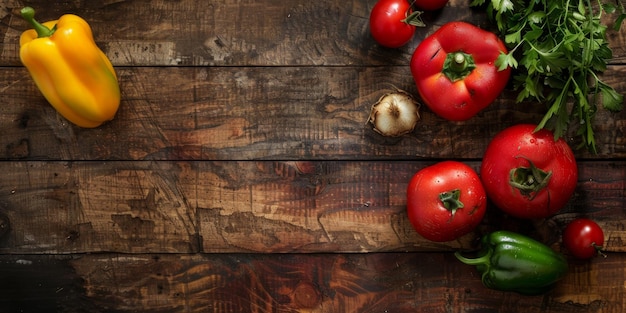 verduras y frutas con hierbas en una mesa de madera IA generativa