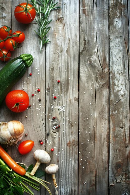 verduras y frutas con hierbas en una mesa de madera IA generativa