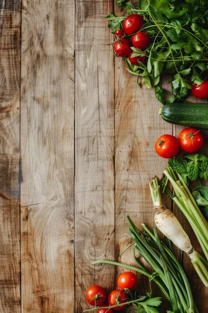 verduras y frutas con hierbas en una mesa de madera IA generativa