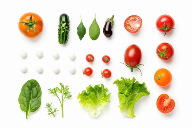 Foto verduras, frutas y hojas aisladas sobre un fondo blanco sólido