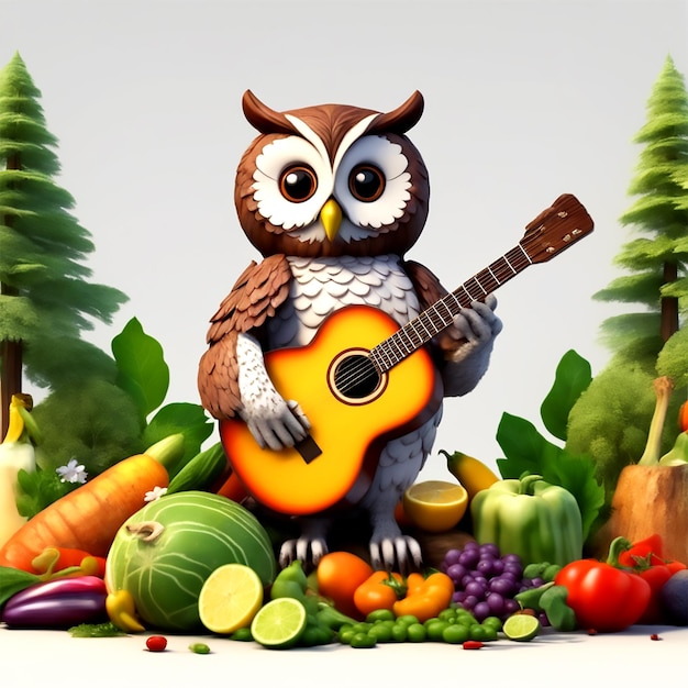 verduras y frutas orgánicas frescas y saludables con un búho de fondo blanco toca una guitarra y canta