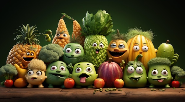Verduras frutas personaje de dibujos animados personalidad ingredientes dietéticos divertidos de alimentos adecuados productos lindos y divertidos comestibles con rasgos faciales humanos