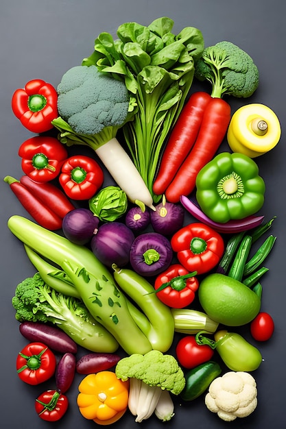 Verduras y frutas saludables orgánicas frescas con un fondo blanco generado por IA