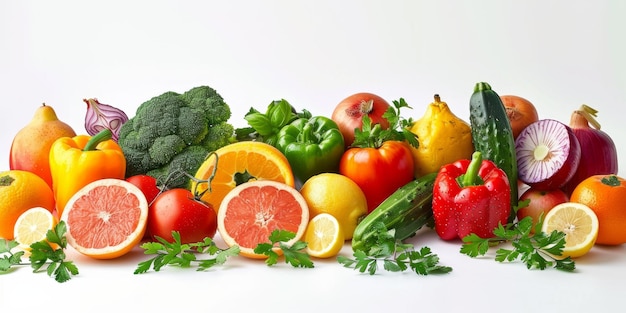 Foto verduras y frutas sobre un fondo blanco ia generativa