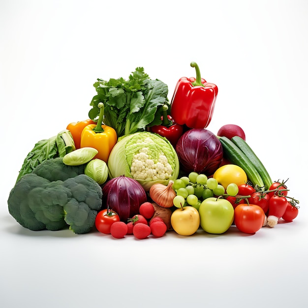 Foto verduras y frutas sobre fondo blanco