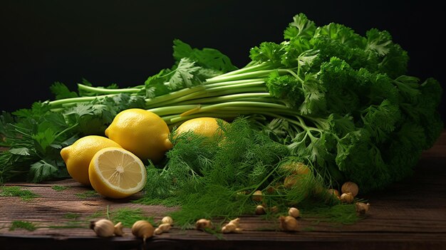 verduras y frutas sobre una mesa con fondo negro