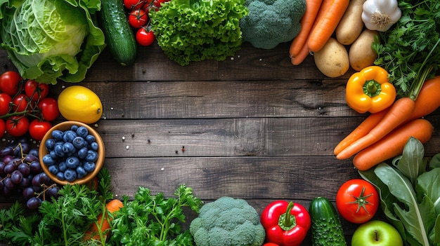 Verduras y frutas vista superior con una copia del espacio