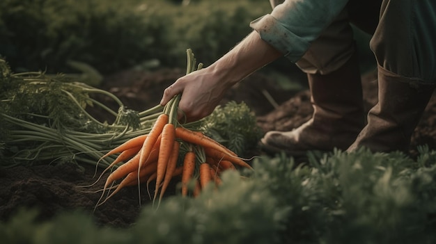 Verduras generativas de IA en manos de un agricultor en el jardín zanahorias del suelo
