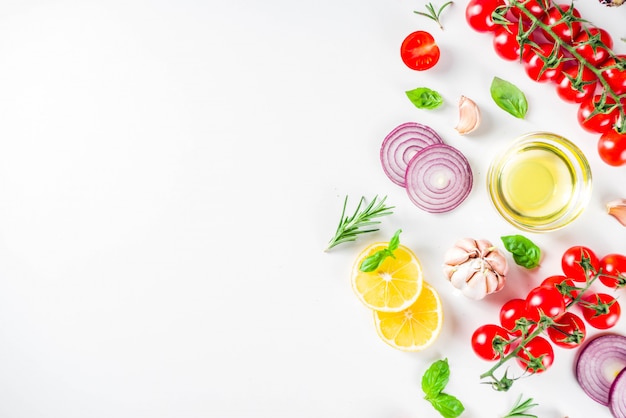 verduras y hierbas para cocinar, vista superior