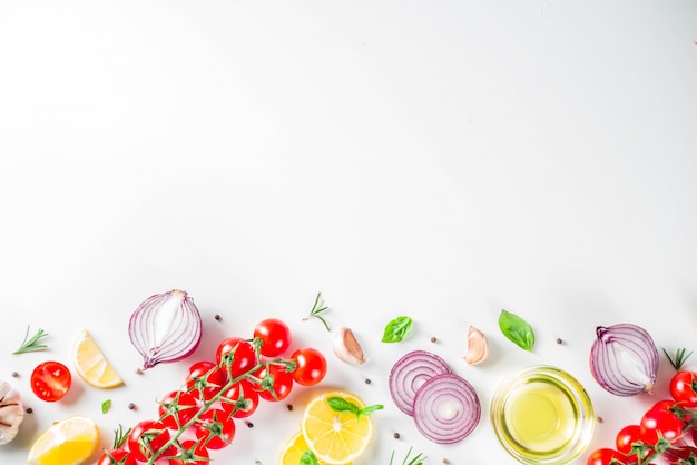 verduras y hierbas para cocinar, vista superior