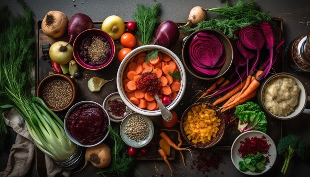 Verduras y hierbas frescas en un bol rústico generado por IA