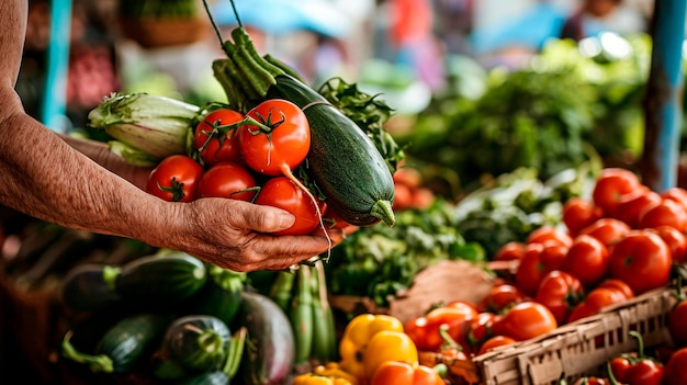 verduras en las manos de un hombre en el mercado enfoque selectivo