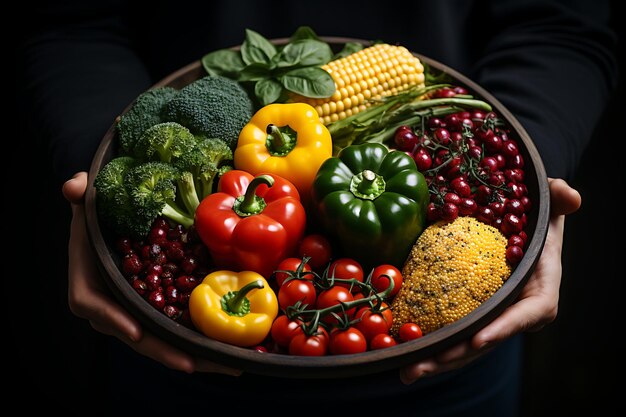 Verduras en manos de una mujer sobre un fondo oscuro