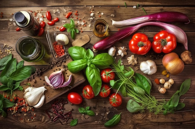 Verduras mediterráneas frescas y aceite sobre fondo de madera vieja