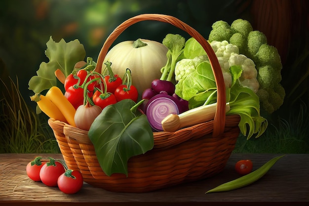 Verduras en una mesa en un jardín bajo la luz del sol Ai generativo